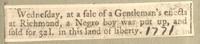 Nespaper cutting from 1771 reporting sale of a 'negroe boy' in Richmond