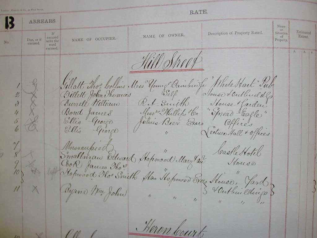 Scanned image of rate book entries for Hill Street c1880.