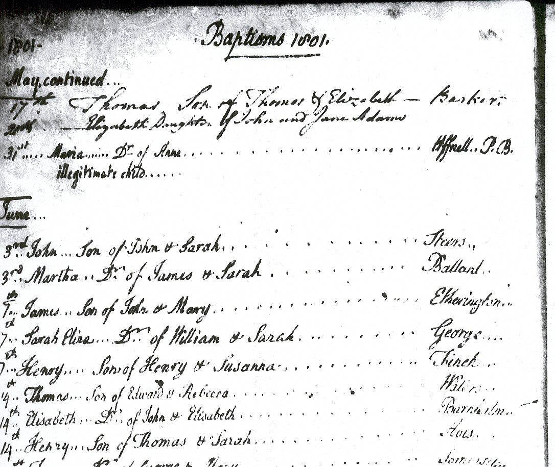 James Etherington baptism 1801 documents