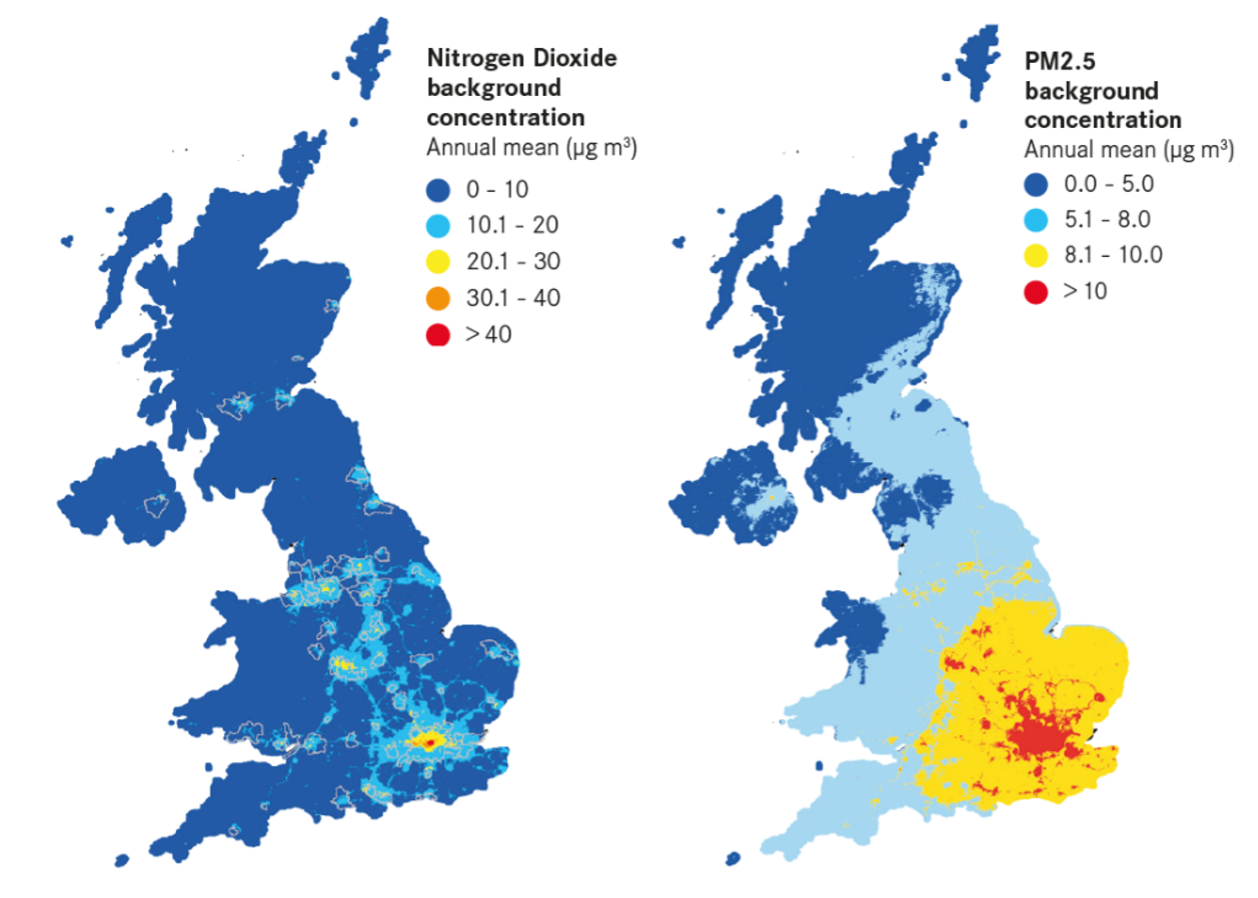UK Ambient Air Quality: NO2 and PM2.5 Annual Mean Concentration