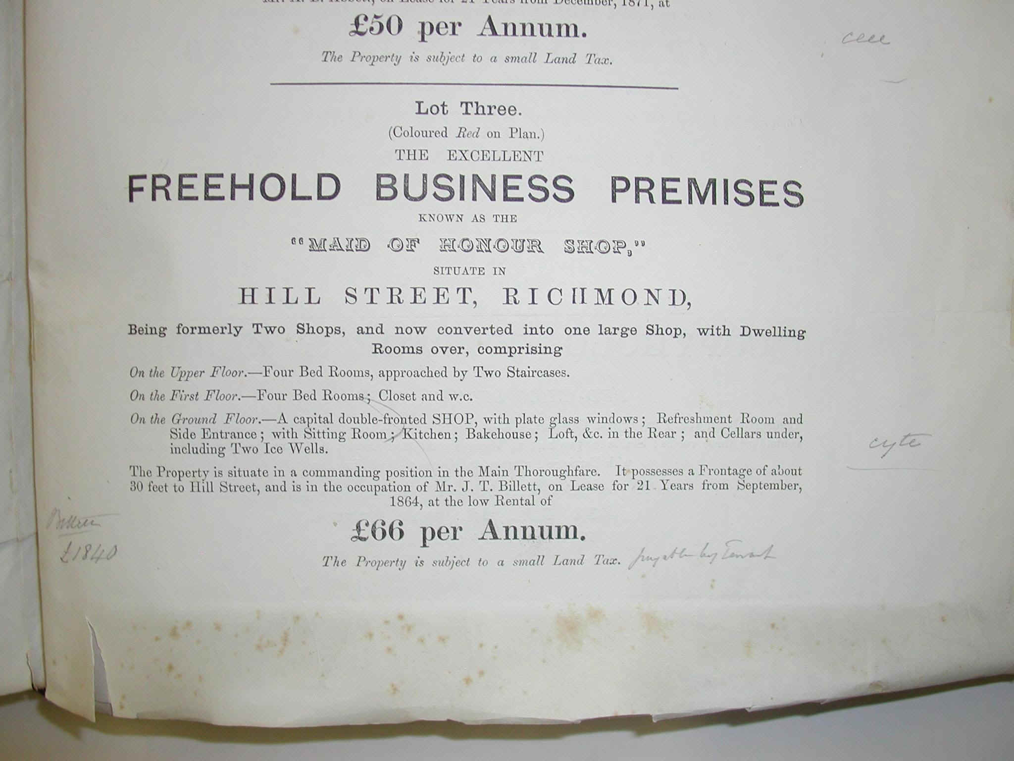 Maid of Honour shop text from the sale catalogue, 1877.