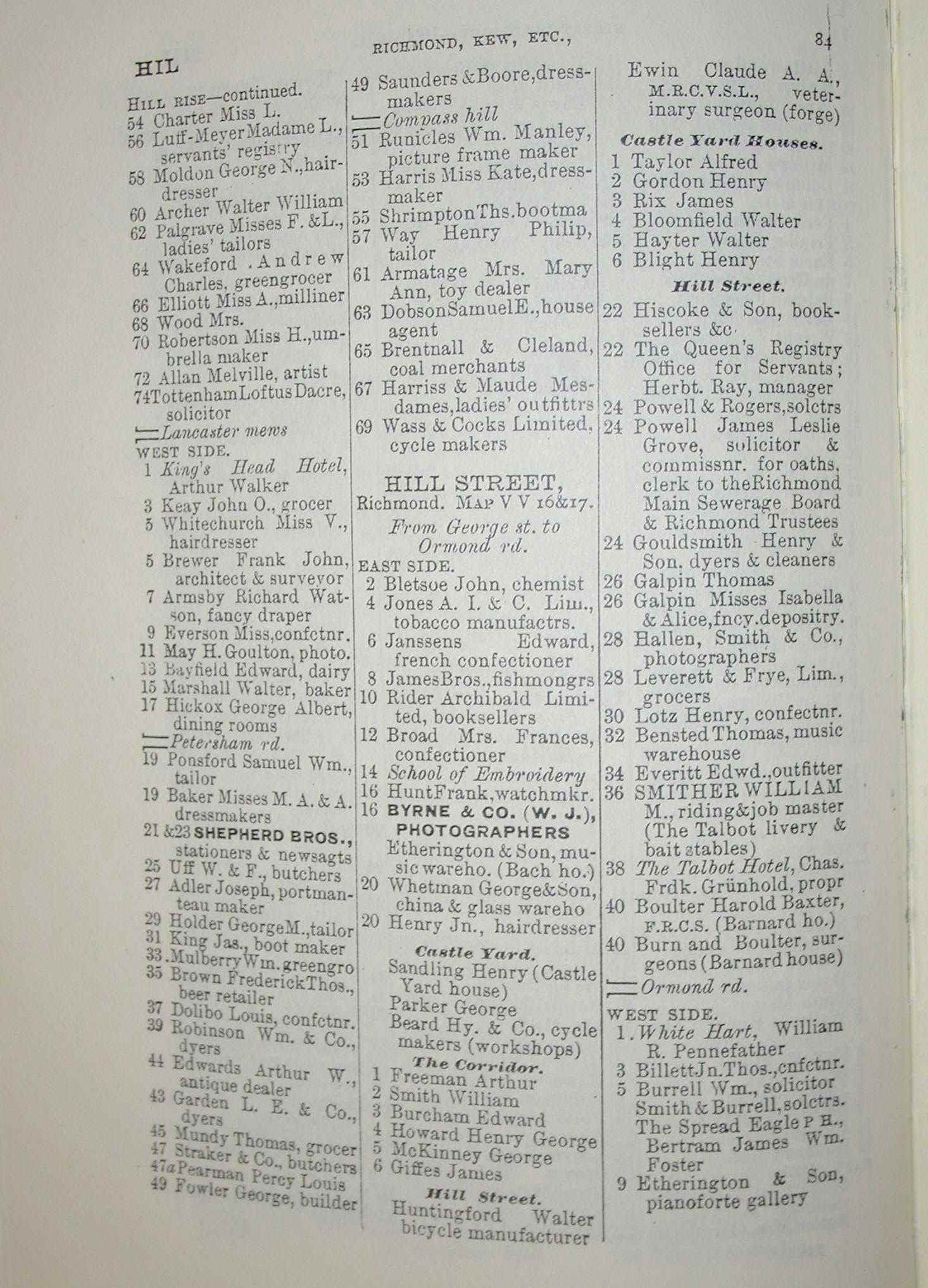 Richmond, Kew etc. street directory. Hill Street east side