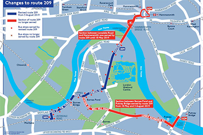 Map showing changes to bus route 209