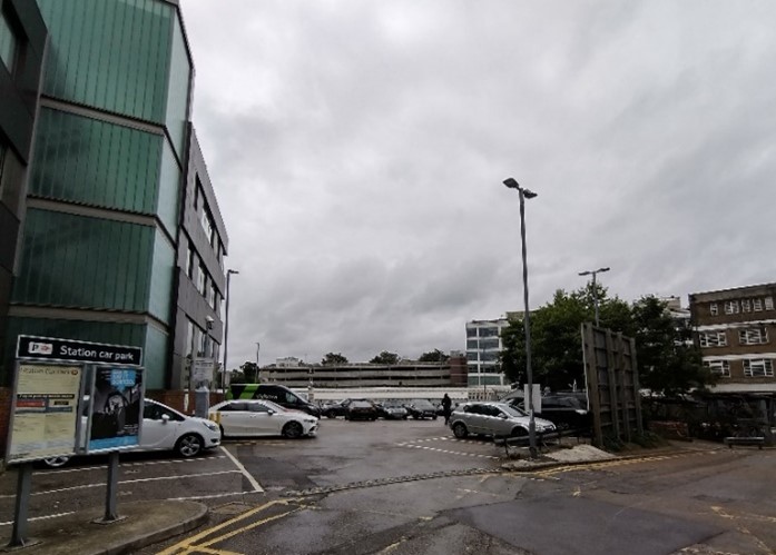 Figure 89 View toward the Station with multi-storey car park from the Station Park east of Church and Kew Roads