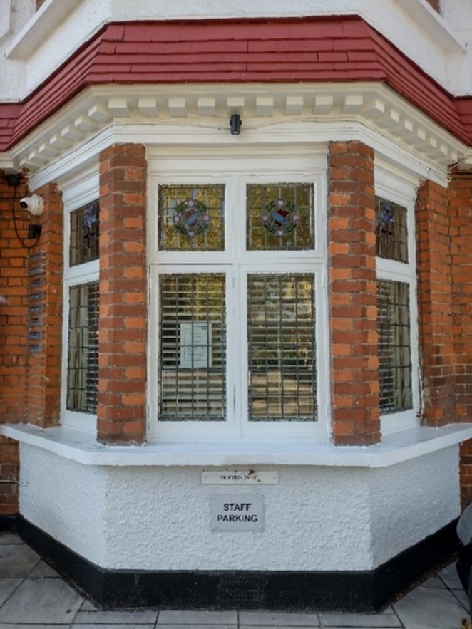 Canted bay window with stained glass detailing, Paradise Road
