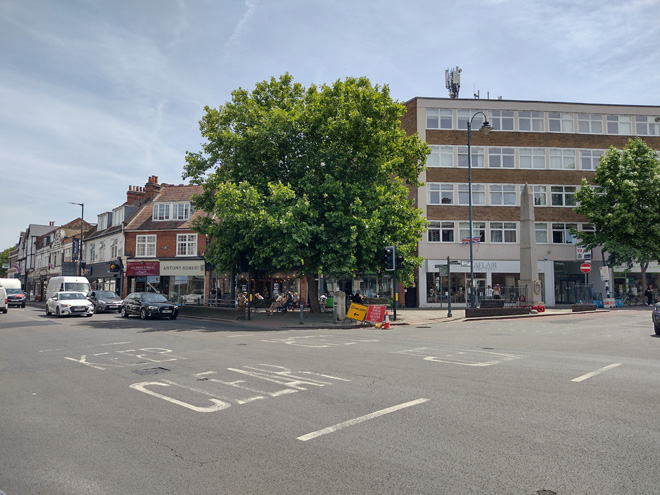 Figure 65: View of Milestone Green looking south across the junction of Sheen Lane and Upper Richmond Road West