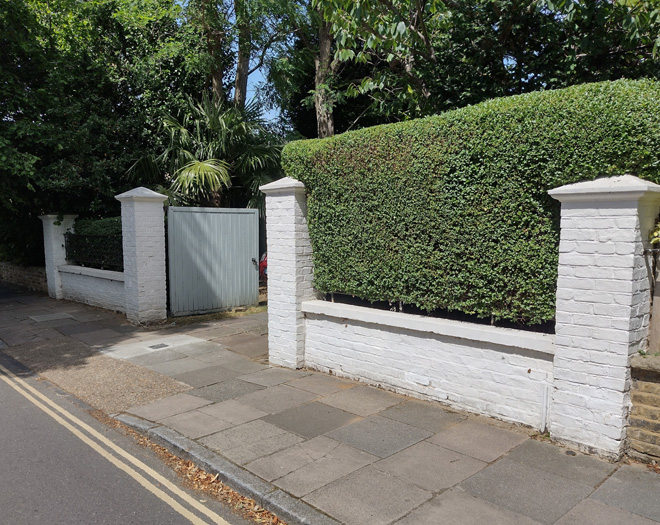 Figure 36: White painted wall and hedge to 12 Trafalgar Road. The paint makes it highly prominent in the streetscene
