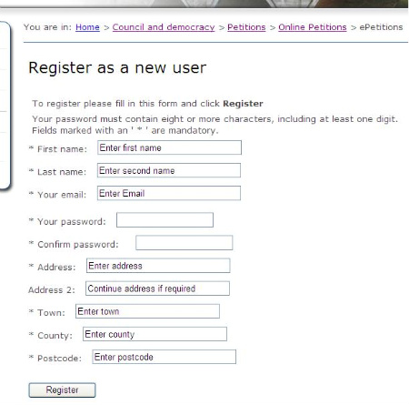 Step 3 - complete the online form and click register.  Your password will need to have at least 8 characters with a minimum of one numerical digit.