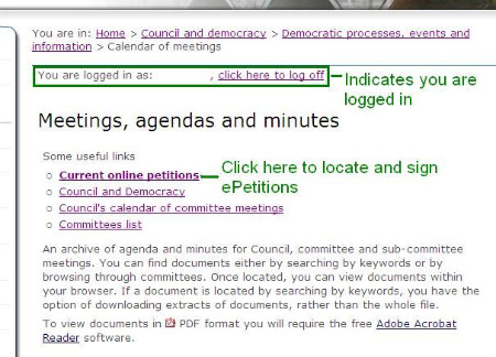Step 8 - you are now logged on and can locate any ePetition that you want to sign