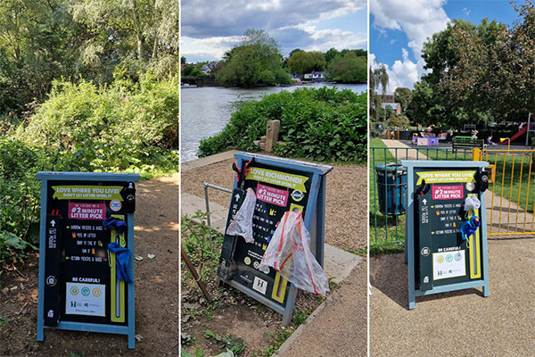 Battle litter along the Thames with '2 Minute Litter Pick' boards