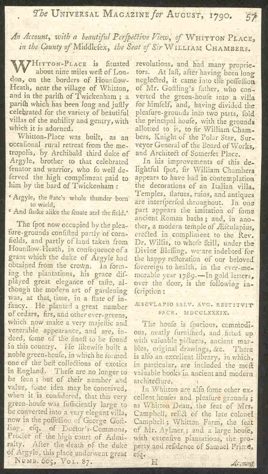 Extract from the Universal Magazine August 1790, describing Whitton Park