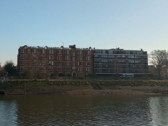 Figure 23: Elm Bank Mansions and River House from the Chiswick bank
