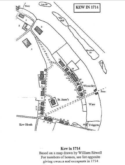 Figure 5. Kew Green in 1714, illustration from Queen’s Anne Little Church by David Bloomfield